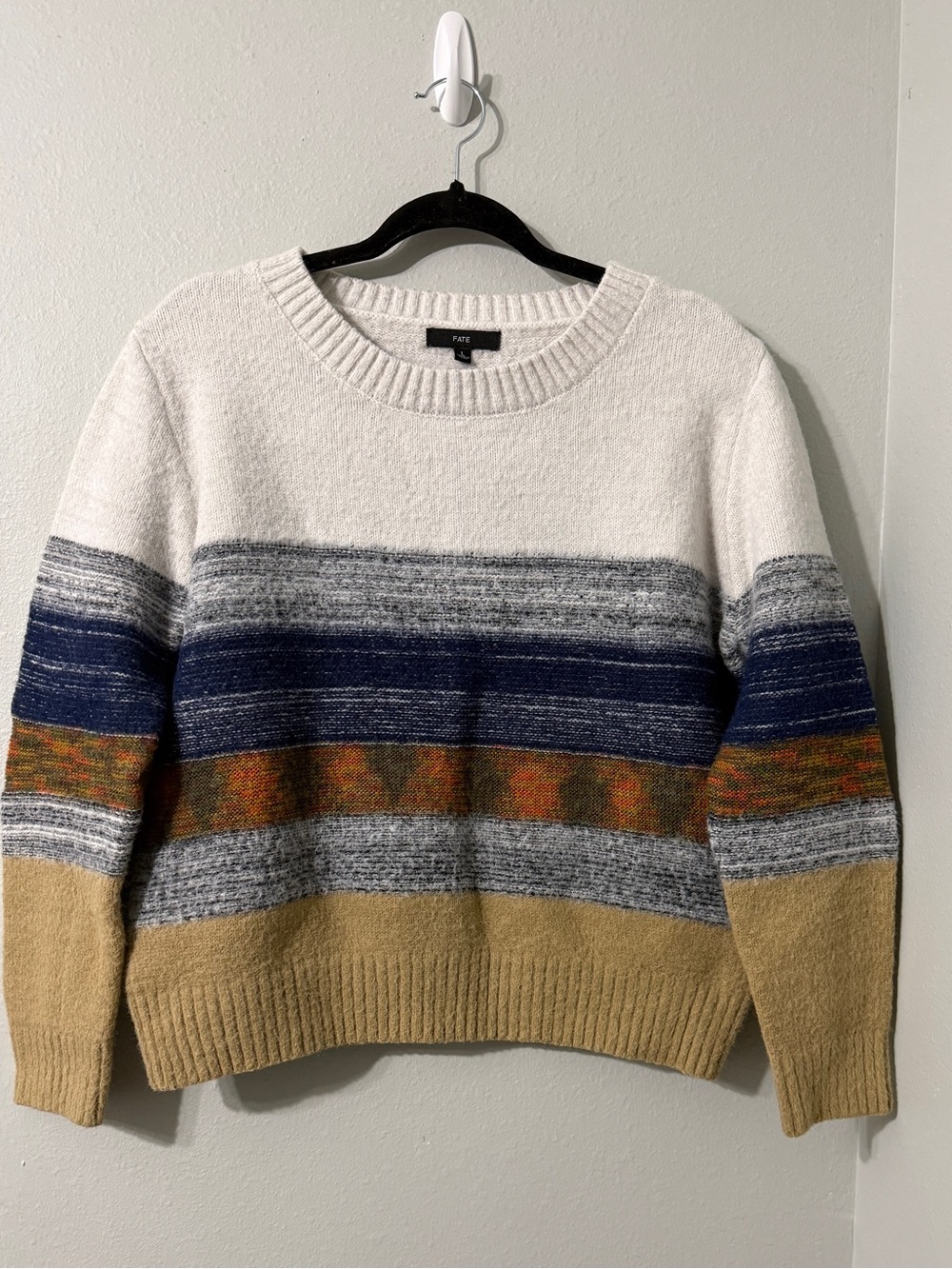 Fall Cool Fate Neutral Mix Colors Striped Crewneck Cozy Comfy Soft Sweater L